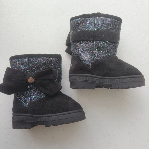 Bebe Toddler Girl Glitter Bow Faux‎ Fur Lined Pull On Boot Size 5 Black - Picture 1 of 9